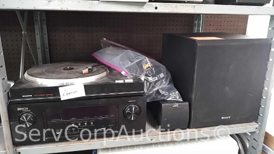 Lot on Shelf of Denon AVR-S500BT Surround Receiver, JVC Surround Speakers, Sony Bass Speaker, Sanyo