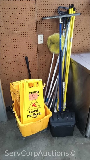 Lot of Various Mop Handles, Broom, Dustpan, Wet Floor Signs, Mop Bucket