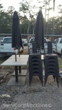 Lot of 3 Outdoor Tables with 2 Umbrellas, 12 Metal Chairs