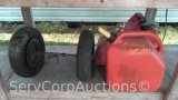 Lot on Shelf of 3 Various Gas Cans, Wheel Barrow Axle with Tires