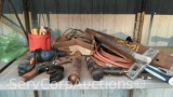 Lot on Shelf of Various Hose Clamps, Brad Nails, Table Saw Guard Rails, Electric Drill, Grease Gun,