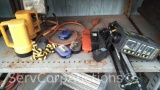 Lot on Shelf of Various Flashlights, CCTV Camera, Work Light