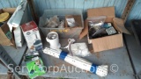 Lot on Shelf of Various Scopes, Shelving Rods, Cabinet Brackets, Door Knockers, Food Chopper, Bark