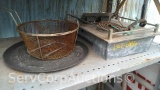 Lot on Shelf of Small Electric Burner, Basket, Drain Tray