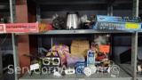 Lot on 2 Shelves of Various Remote Control Helicopters, Pocket Knives, Wicker Basket, TV Wall