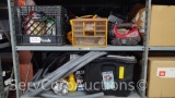 Lot on 2 Shelves of Various Flashlights, Electrical Fittings, Paint, Cordless Drills