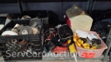 Lot on Shelf of Various Caster Wheels, Small Ice Chest, Various Wiring, Extension Cord, Strap,