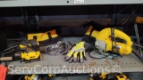 Lot on Shelf of DeWalt Electric Palm Sander-Works, DeWalt Electric Jigsaw-Works, Safety Glasses,