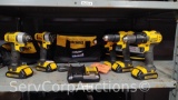Lot on Shelf of Various DeWalt 20-Volt Cordless & Impact Drills Works