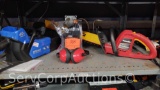 Lot on Shelf of Homelite Hedge Sweep, Kobalt 40-Volt Chainsaw, Ear Muffs