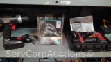 Lot on Shelf of Chicago Electric 18-Volt Drill, Drill Master 18-Volt Drill, Metabo Palm Nailer