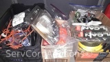 Lot on Shelf of Various Bungee Cords, Ratchet Straps, Poly Rope, Tow Straps, Cable Locks, Car Tie