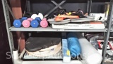 Lot on 2 Shelves of Various Dumb Bells, Dog Leashes, Dog Heater Floor Blanket, Pet Food Container