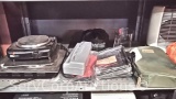 Lot on Shelf of Various Electric Burners, Wind Diverter, Electric Knife, Folding Double Wash Basin,