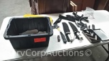Lot on Shelf of Various Type Pocket Knives, Survival Knives, Hatchet, Hip Knives, Remington Limited