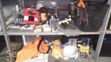 Lot on 2 Shelves of Various Furniture Sliders, Bicycle Baskets, Headband Flashlights, Belts, Eye
