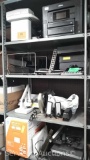 Lot on 4 Shelves of Various Desk Supplies, Calculators, Printers, Dell Speakers, Staplers,