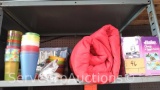 Lot on Shelf of Various Plastic Cups, Bowls, Plates, Utensils, Sleeping Bag, Easy Bake Oven