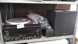 Lot on Shelf of Denon AVR-S500BT Surround Receiver, JVC Surround Speakers, Sony Bass Speaker, Sanyo