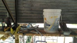 Lot on Shelf of Various Bottle Jacks, 4-Ways, Pipe Cutter, Welding Rods, Grease, Oil, Reese Reducer,