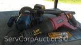 Lot on Shelf of Ryobi Router, Bosch Frame Nailer, Chicago Electric Reciprocating Saw