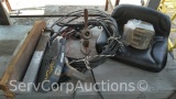 Lot on Shelf of Strap, Mower Seat, Boat Throttle, Bates Punch