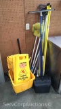 Lot of Various Mop Handles, Broom, Dustpan, Wet Floor Signs, Mop Bucket