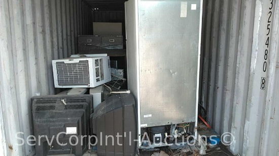 Lot of Items in Shipping Container: File Cabinets, Printers, VHS Player, TV, AC, Etc