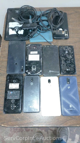 Lot of 9 Various Smart Phones, 2 Tablets with Some Charging Cords (May be locked, password protected