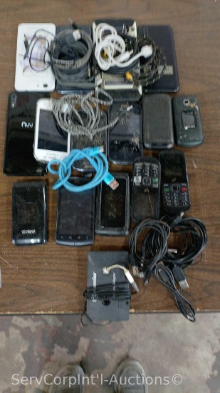 Lot of 9 Various Smart Phones, 4 Flip Phones and 2 Government Phones with Some Charging Cords (May