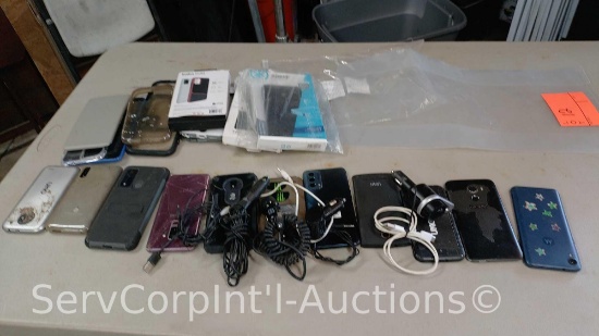 Lot of 11 Various Smart Phones with Some Charging Cords and Various Smart Phone Cases (May be