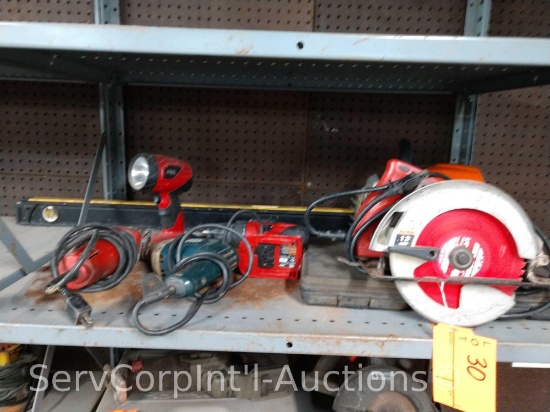 Lot on Shelf of (2) 4' Levels, Ratchet Set, 18v Skil Flashlight & Drill (No Batteries/Charger),