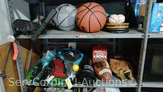 Lot on 2 Shelves of Golf Clubs with Bag, Baseballs, Basketballs, Air Pumps, Football, Baseball Mits,