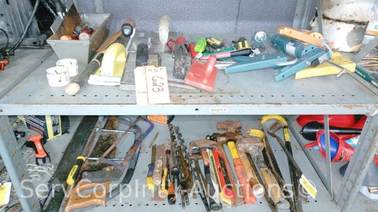 Lot on 2 Shelves of Caulk Guns, Trowels, Hole Saws, Box Cutters, Knives, Hand Saws, Drill Bits,