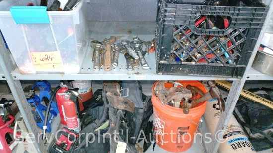 Lot on 2 Shelves of Screw Drivers, Nut Drivers, Crescent Wrenches, Pliers, Channel Locks, Vise
