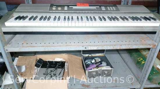 Lot on 2 Shelves of Casio WK-200 Keyboard, American DJ XDM-250T Mixer, AKG Perception 200 Mic, CAD