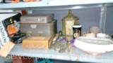 Lot on Shelf of Various House Decor, Typewriter, Jewelry Box, Halloween Painting