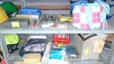 Lot on 2 Shelves of Various Sockets, Driver Attachments, Ratchets, Allen Keys, Tape Measures,