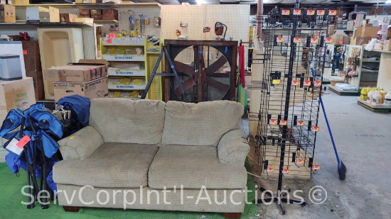 Lot Of Loveseat, Cable Tie Display Rack & 3 Collapsible Chairs