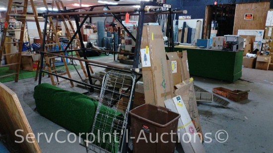 Lot Of Roll Rack, Indoor/Outdoor Astro Carpet, Christmas Trees, Ladder Stabilizer