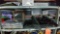 Lot on Shelf of Fender Acoustic Amp, Audio-Technica Turn Table, Music Instrument Stands