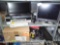 Lot on 2 Shelves of Various Monitors, HP Printer, Keyboards, Mouse, Fax Modem