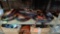 Lot on Shelf of Approximately 57 Belts & a Bag of Various Buckles: Alligator, Horn Back Alligator,