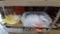 Lot on Shelf of Coasters, Tote Bag, Bag of Buckles, Belt Tips, Jewelry Box