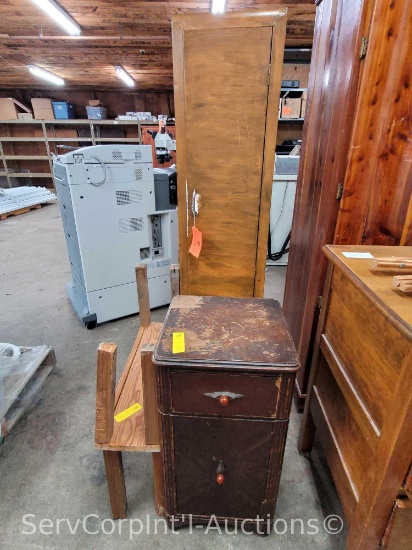 Lot of Metal Single Door Cabinet, Small Stand and 2 Small Benches