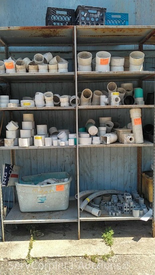 Lot on 8 Shelves of Various Size & Type PVC Fitting 1/2" to 4", Couplers, Elbows, Tee's, 20's 45's,
