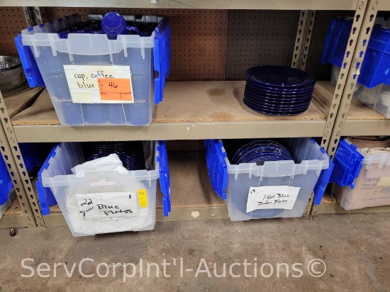 Lot on 2 Shelves of ITI Blue Plates, Blue Prolon Coffee Cups (Seller: St. Tammany Parish Sheriff)