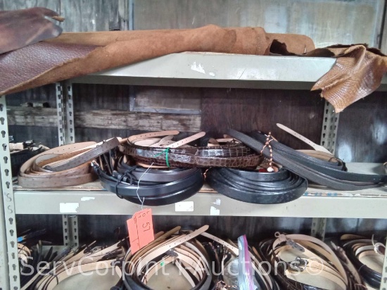 Lot on Shelf of Approximately 74 Belts with a Bag of Various Buckles: Shark Skin, Alligator,