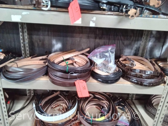 Lot on Shelf of Approximately 65 Belts & a Bag of Various Buckles: Alligator, Ostrich, Bison,