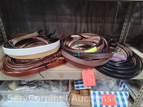 Lot on Shelf of Approximately 90 Belts & a Bag of Various Buckles: Buffalo, Calf, Saddle Leather,